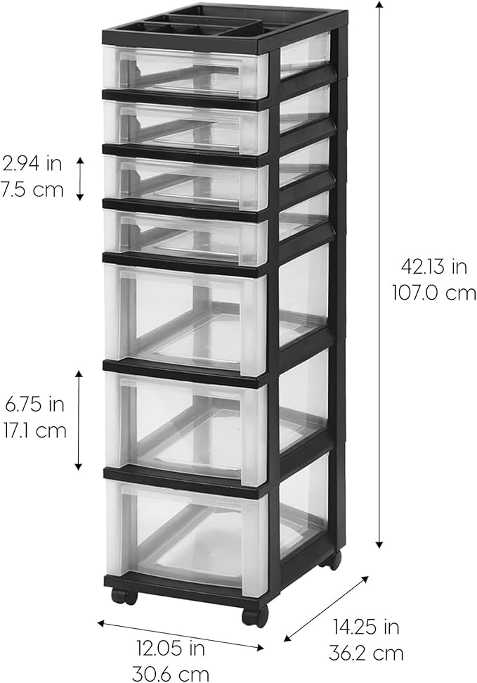 IRIS USA Plastic Drawer Storage Organizer Rolling Cart, 2-Pack, with Wheels Casters, 7-Drawers, for Classroom Art Craft Supplies Dresser Closet Bathroom Laundry Room, White