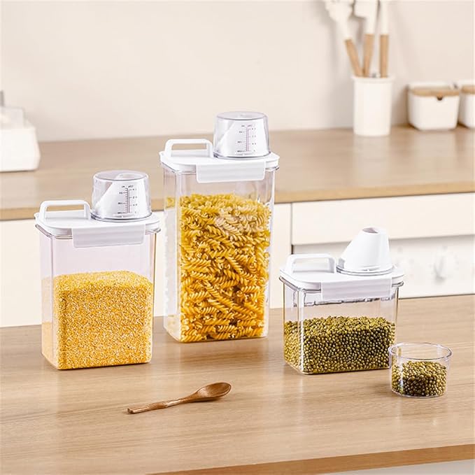 2Pcs Rice Dispenser Storage Containers, 1.1L Small Rice Bucket with Measuring Cup & Pour Spout, Kitchen Plastic Airtight Container for Cereal, Grain, Flour, Sugar, Oatmeal, Dry Pet Dog Food