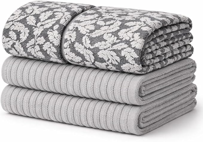 MosJos Kitchen Towels, Cotton Hand Towels, Grey and White Vine Ribbed Hand Drying Cloth Set of 4 Absorbent Hand Towels, 18 x 28 Kitchen Linens