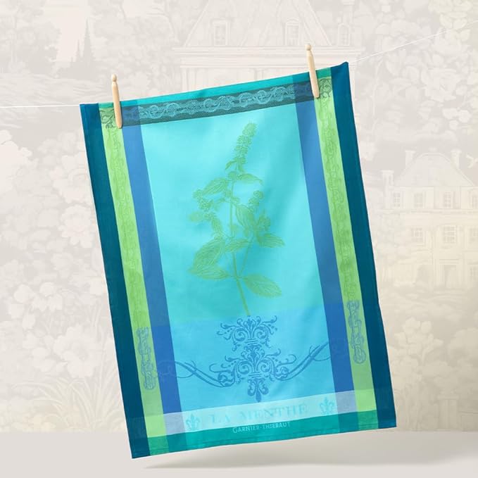 Garnier Thiebaut Brin de Menthe Chlorophylle (Green Mint) French Kitchen Towel 22"x30", Cotton, Jacquard
