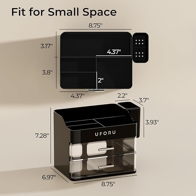 Makeup Organizer for Vanity with Brush Holder, Countertop Skincare Organizer with 2 Drawers, Spacious Cosmetic Display Case for Perfumes, Cologne, Shaving Lotion