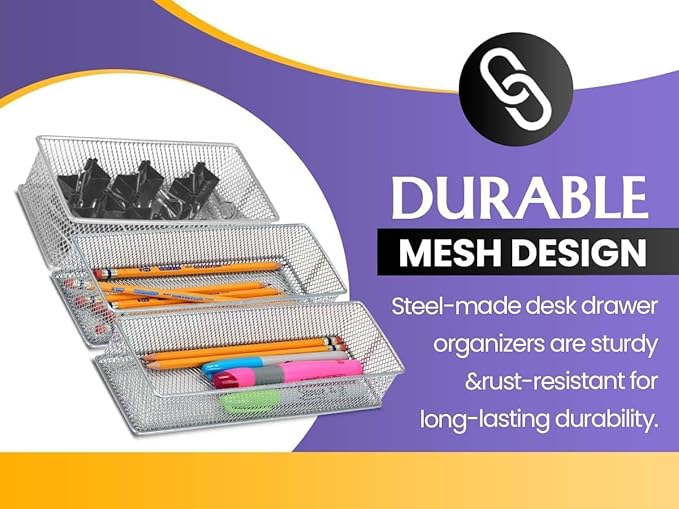 YBM HOME Silver Mesh Drawer Cabinet and or Shelf Organizer Bins, School Supply Holder Office Desktop Organizer Basket (2, 6x9x2 Inch)