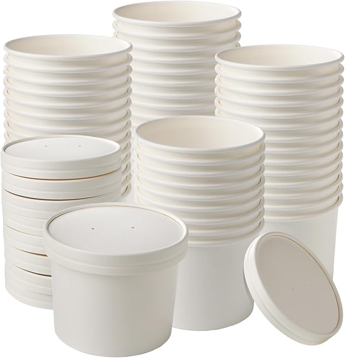 50 Pack 20oz White Paper Soup Containers with lids, Ice Cream Bowl with Lids, Disposable Ice Cream Cup Dessert Bowls for Party Supplies, Restaurants & Takeout