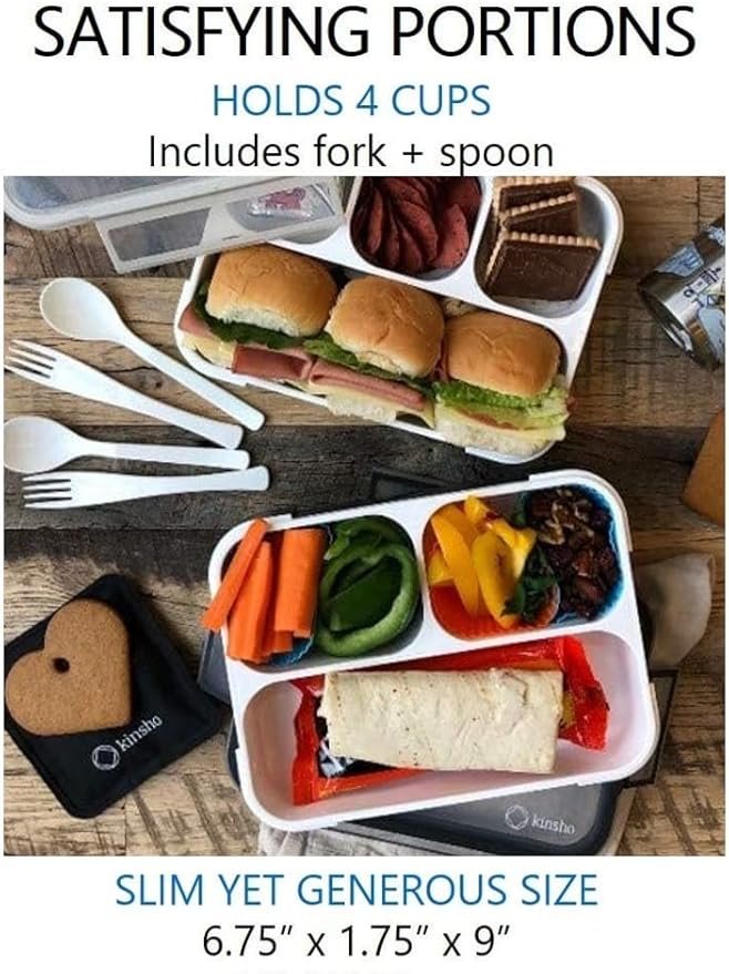 kinsho Bento-Box Lunch-Box Kids & Adults, Meal, Lunch Snack Containers For Boys & Girls, School Work Travel, 4 Divided Compartments, Japanese Style, Bpa Free, Utentils Included (Grey + Black, 2 Pack)