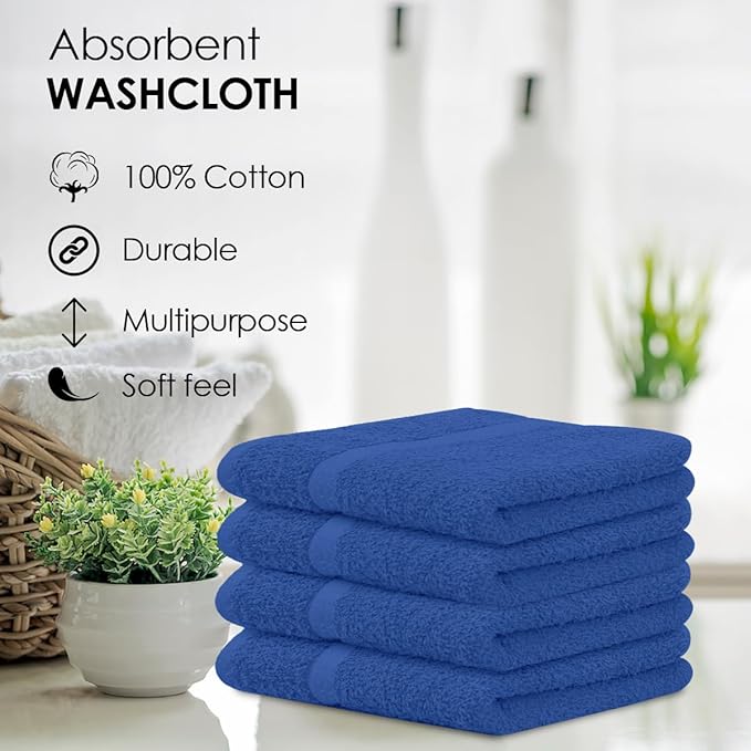 Avalon Towels Cotton Washcloths – (Pack of 36) Size 12x12 Inches, 100% Ring Spun Cotton, Soft & Absorbent Face Towels, Gym Towels, Hotel and Spa Quality, Reusable Fingertip Towels (Blue)