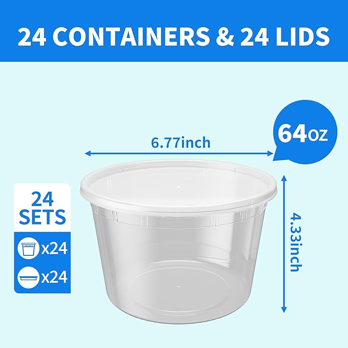 Plastic Deli Containers with Lids, 24 Sets 64oz Leakproof Soup Storage Containers for Family Soup & Leftovers, Round Meal Prep Cups, BPA Free, Microwave/Freezer/Dishwasher Safe