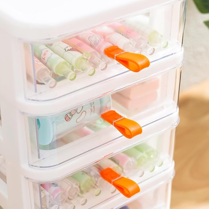 Gagee 4 Pack 3 Drawer Mini Desktop Unit,Plastic dressers with drawers for Arts and Crafts, Small Tools, Sewing Accessories, Stationary, and Hardware,Clear/White Frame