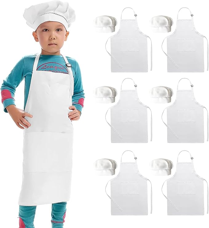 6 Pack Adjustable Kids Apron and Chef Hat for Cooking Baking Painting Art, Kids Apron for Girl Boy with 2 Pockets