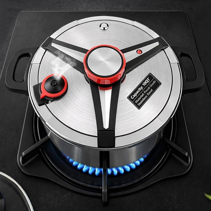 Pressure Cooker 10 QT,18/8 Stainless Steel Pressure Cooker,Olla De Presion,10/15 PSI Settings,One-Hand Locking,Compatibility Gas and Induction Cooktops, Glass Lid included