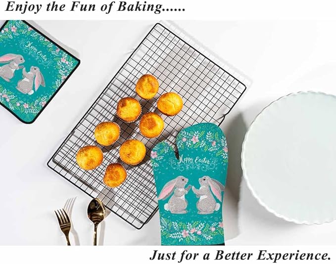 Easter Oven Mitts and Pot Holders Sets Cute Rabbits Floral Wreath Heat Resistant 3pcs for Cooking Baking BBQ