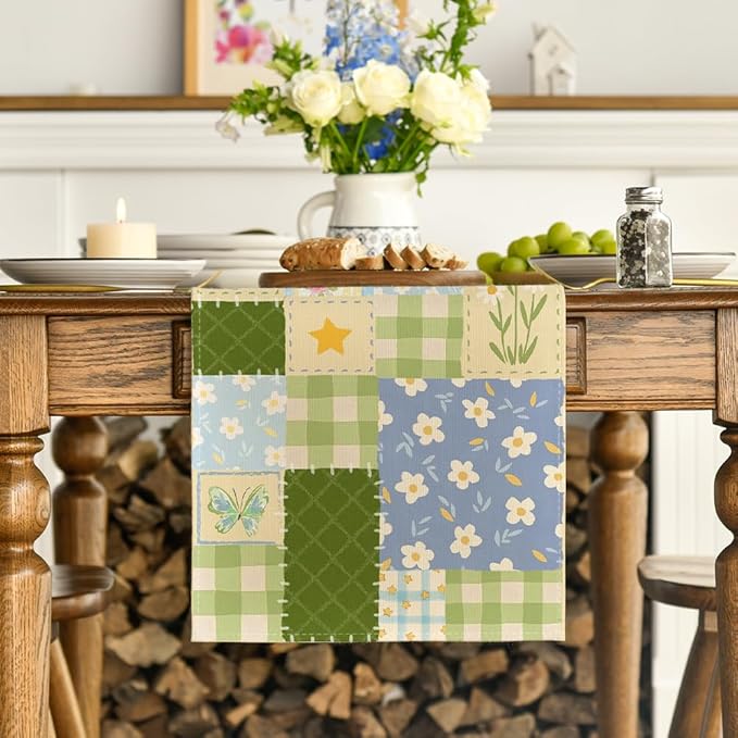 Artoid Mode Patchwork Buffalo Plaid Floral 210 GSM Spring Table Runner, Seasonal Summer Kitchen Dining Table Decoration for Home Party Decor 13x60 Inch