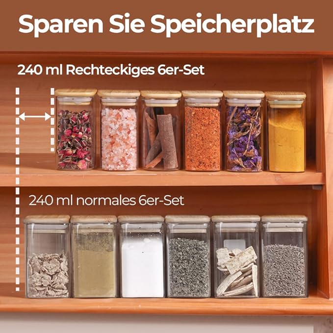 Comsaf Spice Jars with Label，8 oz Small Glass Jars with Lids, 6 Pcs Seasoning Containers, Rectangle Glass Containers with Lids, Empty Seasoning Jars for Pantry Storage, Loose Tea, Herbs, Powders, Salt