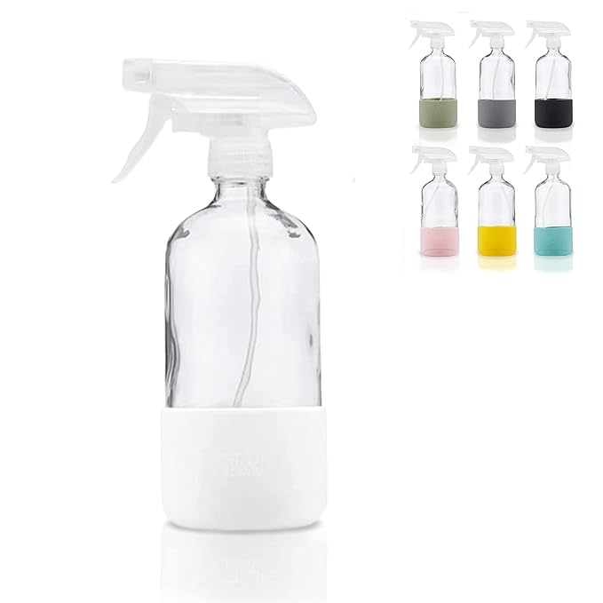 Clear Glass Spray Bottle with Silicone Sleeve for Cleaning Solutions, Essential Oils, Plants, Vinegar - 16 oz, Refillable, Food Safe (Pure White)
