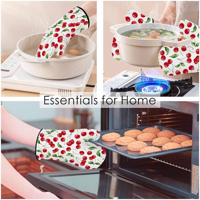 Red Cherry Oven Mitts and Pot Holders Sets Bright Cartoon Fruit Vibrant Heat Resistant 3pcs for Cooking Baking BBQ