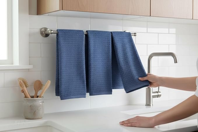 Serafina Home Waffle Blue Kitchen Dish Towels 100% Cotton Cloth Soft Cleaning Drying Absorbent Terry Box Loop: Set of 3 Multipurpose for Everyday Use, 18" x 28" (Blue Box)