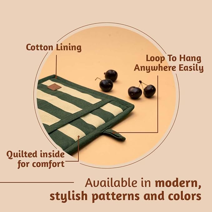 Folkulture Pot Holders for Kitchen | Pack of 2 (8x8) Ribbed Soft Silicone Hot Pads for Kitchen | 100% Cotton Cute Oven Pot Holders Set | Heat Resistant | Machine Washable | Non Slip | Matcha