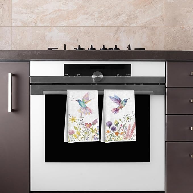 2 Pcs Hummingbird Kitchen Towels, Floral Decorative Absorbent Microfiber Dish Cloth Tea Towel, Waffle Soft Towels, Hummingbird Gifts for women Spring Party Holiday Supply Bathroom Housewarming