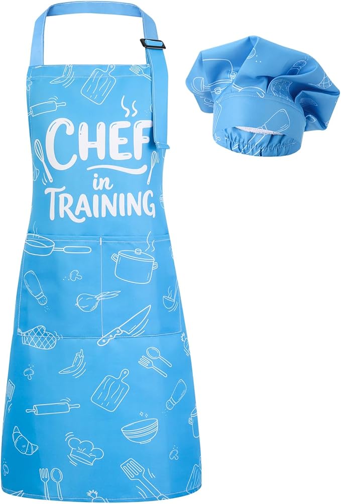 Kids Apron and Chef Hat Set, Funny Apron with 2 Pockets, Adjustable Kids Aprons for Cooking for Boys and Girls