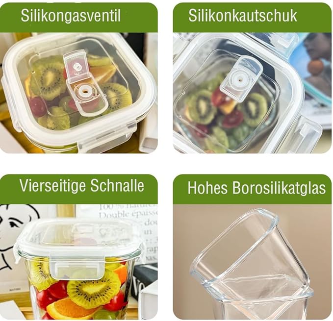 H.JSS WDJS 4 Cup Square Glass Food Storage Container with Lids, Square Glass Soup Container with Airtight Lids, 32 OZ Food Prep Bowls for Leftovers, Salad, Microwave、Fridge、Dishwasher Safe (4 Pack)