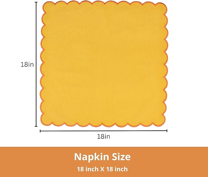 PurpleEssences Scalloped Embroidery Cloth Napkins - Spring Easter Summer - Table Decor - 100% Cotton - Set of 4-18x18 inch - Golden Yellow - Edges - Orange