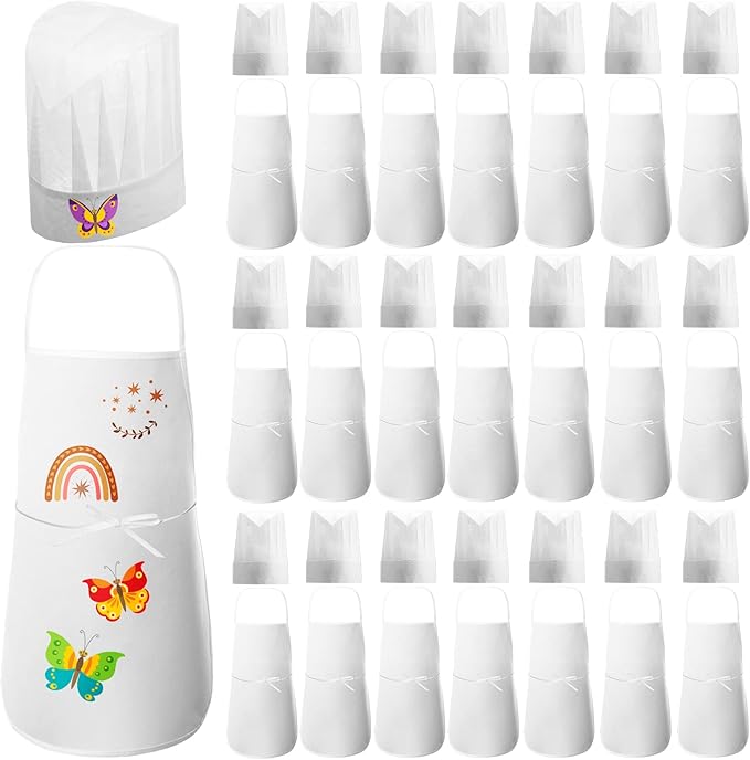 JaGely 60 Pcs Kids Chef Hat and Apron Set Chef Aprons and White Hats Non Woven Fabric Costume for Girls and Boys Cooking