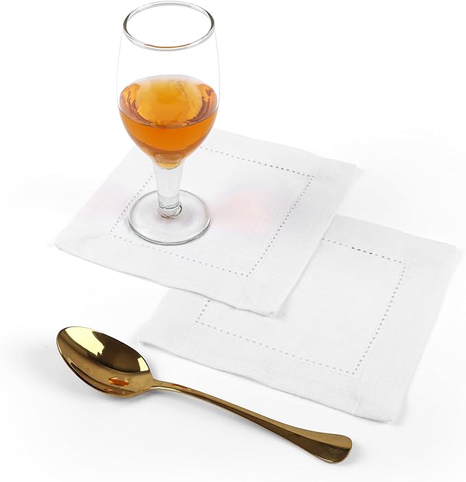 FINGERCRAFT Cocktail Napkins 6 x 6 Inch Premium Quality Cotton, Generous Hemstitch and Mitered Corner Set of 12 Coaster Cloth White