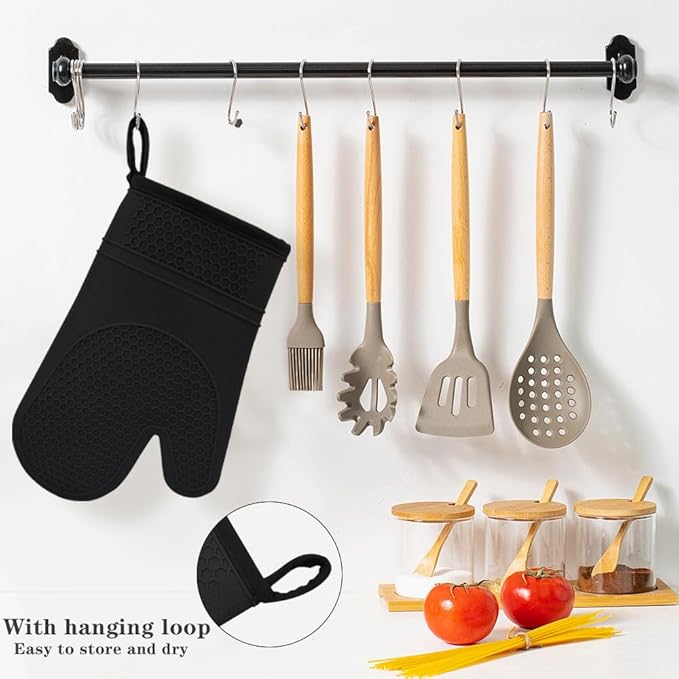 Silicone Oven Mitts Heat Resistant to 500ºF - [Ultra Heat Resistant] [Thickened Liner] [Waterproof Silicone] Kitchen Oven Gloves Mittens for Cooking, 1 Pair (Black)