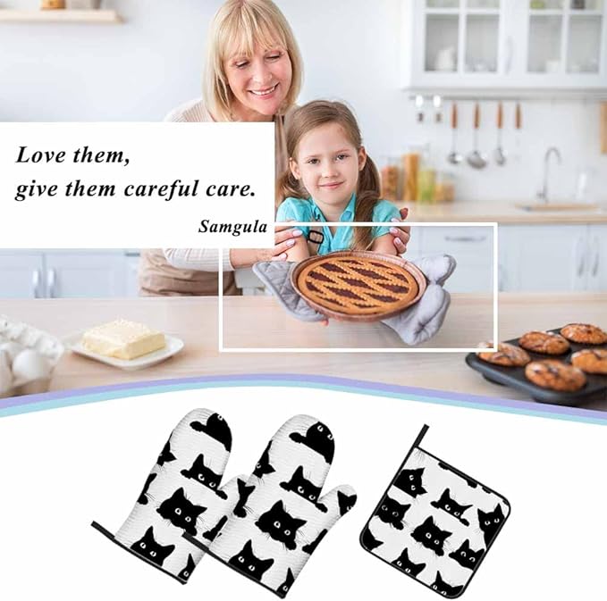 Black Cats Oven Mitts and Pot Holders Sets Bright Eyes Lovely Action Collection Heat Resistant 3pcs for Cooking Baking BBQ