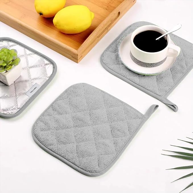 meioro 4-Pack Pot Holders for Kitchen High Heat Resistant Potholder, 100% Cotton Hot Pads, Quilted Terry Hot Pot Holder Set for Kitchens, Washable Trivet for Cooking and Baking 7x7 Inches (Dark Grey)