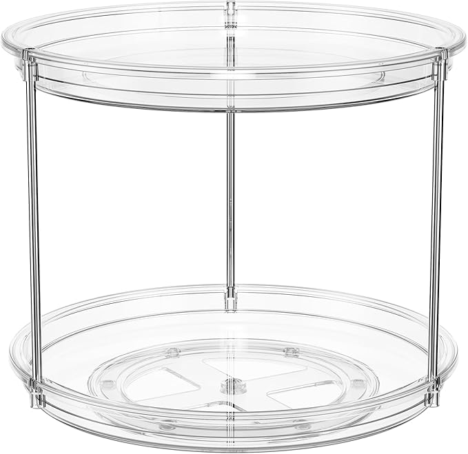 2 Pack 2 Tier Lazy Susan Organizer, 9.25'' Lazy Susan Turntable for Cabinet, Stackable Turntable Organizer Rotating Spice Rack Organization for Kitchen Countertop, Pantry, Bathroom, Clear