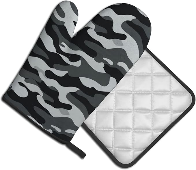 Black and Gray Gcamouflage Oven Mitts and Pot Holders Heat Resistant Oven Mitts Safe for Baking Cooking BBQ