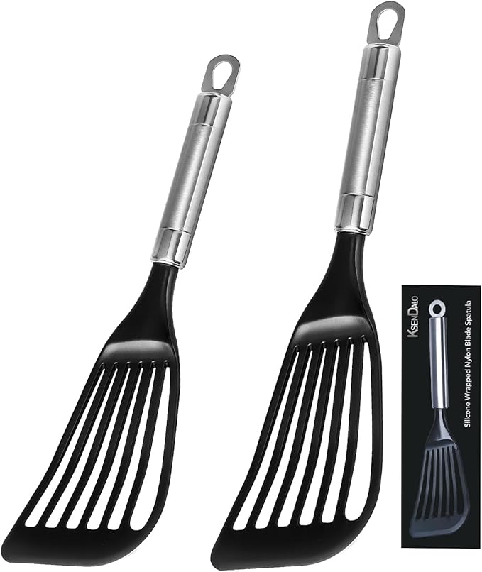 KSENDALO Fish Spatula for Nonstick Cookware, Thin Flexible Slotted Turner, Plastic Kitchen Flipper for Pancake & Egg, Nonstick Safe Cooking Spatula (2Pack)