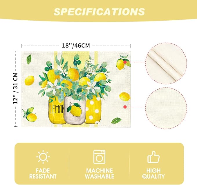 Artoid Mode Yellow Stripes Vase Lemon Summer Placemats Set of 4, 12x18 Inch Seasonal Spring Table Mats for Party Kitchen Dining Decoration