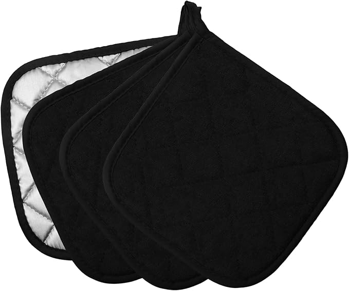4 Pcs Quilted Pot Holder, Cotton Heat Resistant Hot Pads for Kitchen, Countertops, Oven Pot Holders (Black)