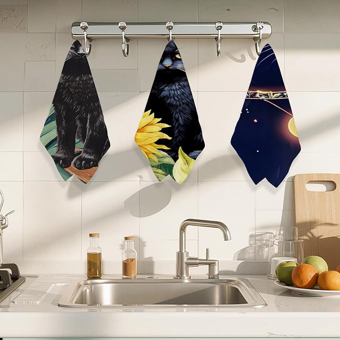 3Pcs Cat Kitchen Towels, Starry Night Dish Cloth Tea Towel, Sunflower Dish Towels for Kitchen Drying, Microfiber Waffle Hand Towel for Home Bathroom Decor, Cat Lover Gifts for Women Mom, 24x14 Inch