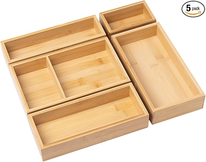 Bamboo Desk Organizer, Utensil Holder Storage Box, Wood Drawer Organizer Set for Kitchen, Bathroom, Office Desk, Makeup, Utensils, Jewelry