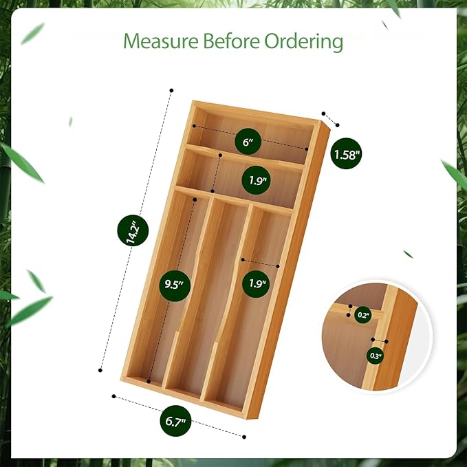 Small Silverware Organizer, Bamboo Kitchen Drawer Cutlery Organizer, Utensil Holder, Flatware Organizer Tray (14.2"x6.7"x1.6")