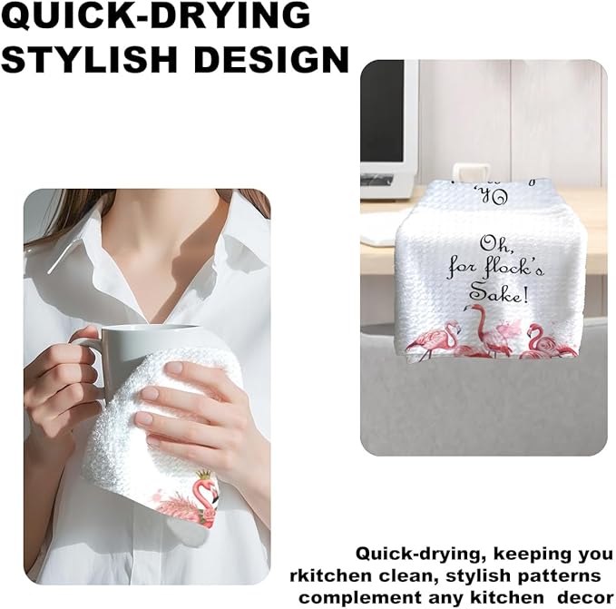 Jztco 4 Pcs Funny Flamingo Kitchen Towels 24x14 Inch, Hot Pink Bird Reusable Dish Towels for Kitchen Home Bathroom Decor, Waffle Weave Absorbent Hand Cloth Tea Towel, Flamingo Gifts for Women Mom