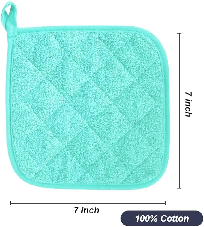 meioro 4-Pack Pot Holders for Kitchen High Heat Resistant Potholder, 100% Cotton Hot Pads, Quilted Terry Hot Pot Holder Set for Kitchens, Washable Trivet for Cooking and Baking 7x7 Inches (Aqua)
