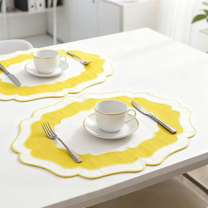 Embroidery Cotton Linen Placemats Set of 4, HADEEONG Table Mats Cloth Placemats, Washable Wrinkle Resistance, Double Layer Scalloped Fabric Placemats, 17.7 x 13.4inch (White with Yellow, 4)