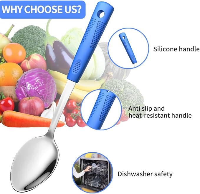 Stainless Steel Serving Spoon Set with Non-Slip Silicone Handles, 2-Piece Serving Spoon and Perforated Spoon, Home Kitchen, Parties & Daily Use (Blue)