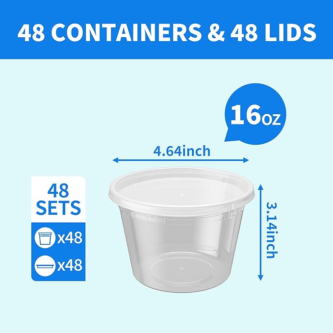 Plastic Deli Containers with Lids, 48 Sets 16oz Leakproof Soup Storage Containers for Family Soup & Leftovers, Round Meal Prep Cups, BPA Free, Microwave/Freezer/Dishwasher Safe