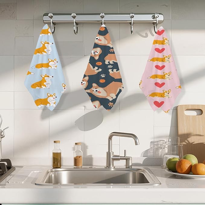 3 Pcs Cute Corgi Kitchen Towels, Cartoon Dog Decorative Absorbent Microfiber Dish Cloth Tea Towel, Waffle Soft Hand Towels for Kitchen Home Bathroom, Dog Lover Gifts for Women