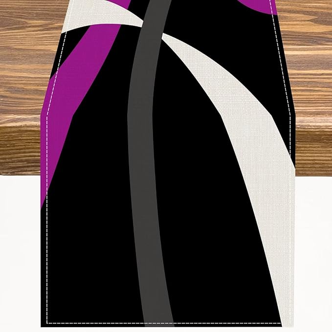 Abstract Geometric Table Runner Purple Grey White Striped Black Background Modern Kitchen Dinner Runner for Indoor Home Living Room Party Dining Table Decoration 13"x36"