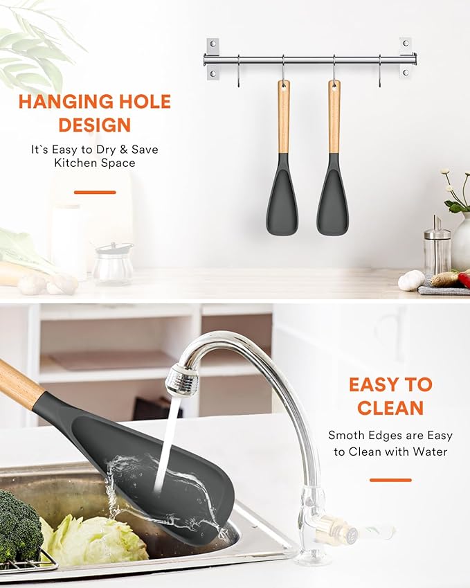 Cooking Spoon for Nonstick Cookwares, Great for Cooking and Serving Sturdy BPA-Free Matte Silicone, Wood Handle Spoon for Mixing, Scoop, and Scrape (2 Pack of Grey, 13.4 inch)