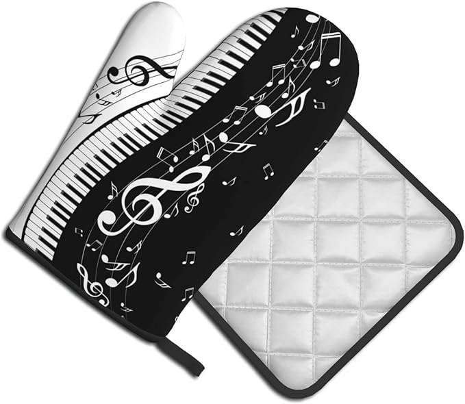 Piano Keys and Notes Oven Mitts and Pot Holders Heat Resistant Oven Mitts Safe for Baking Cooking BBQ