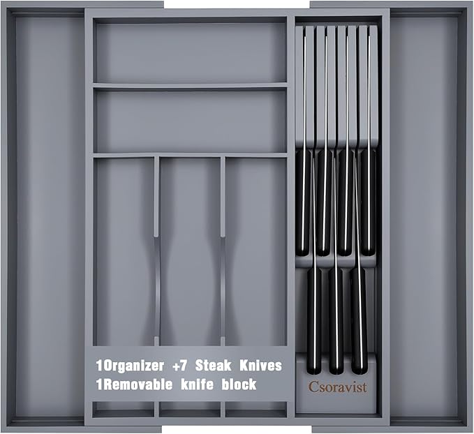 9-Piece Bamboo Kitchen Drawer Organizer Set, Expandable Silverware &Utensil Organizer with Removable Knife Block & Steak Knives, Flatware Organization, Tableware Dividers Storage(Gray)