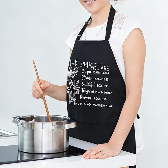 Black Baking Aprons for Women, Adjustable Cooking Baking Kitchen Aprons for Mom Chef with Pockets
