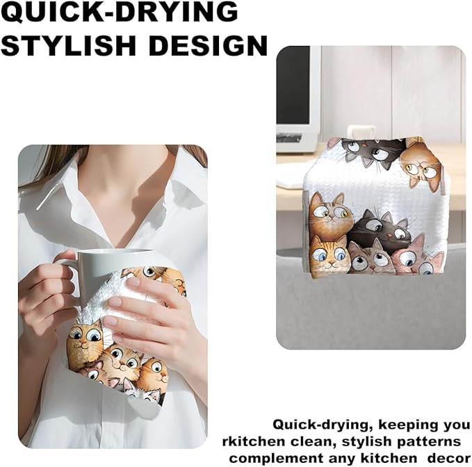 2 Pcs Cute Cat Kitchen Towels, Cats Soft Absorbent Hand Tea Towel, Microfiber Dish Cloths for Drying Dishes, Waffle Dish Towels for Kitchen Home Bathroom Decor, Cat Lover Gifts for Women Mom