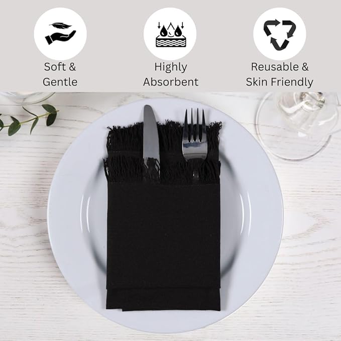 Cloth Dinner Napkins 100% Cotton Set of 6 - Soft Durable Reusable Table Napkins - for Dining Weddings Parties Holidays Easter and Everyday Use - Large 20x20 Inch Cloth Napkins Black